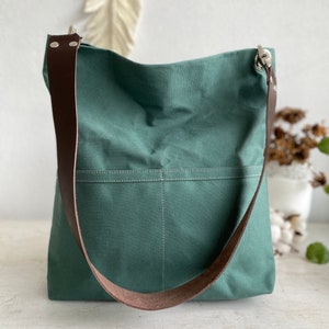 Water resistant Women casual Tote bag, Hobo shoulder bag, Messenger Canvas tote bag with leather strap, Canvas bucket bag Amsterdam green Bag only