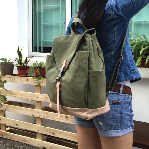 Smoke green canvas diaper bag backpack, School  laptop backpack, Travel zipper backpack, college Unisex backpack - no.108 MARKEN