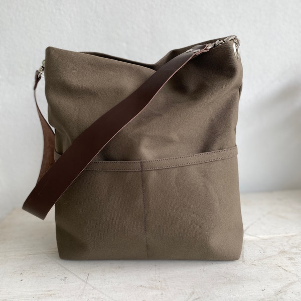 Casual hobo shoulder bag, leather strap Canvas tote bag, Gift for her women Tote bag, Canvas bucket bag with pocket and zipper - Taupe Brown