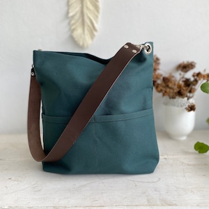 Women casual Tote bag , Hobo shoulder bag, Canvas tote bag with leather strap, Canvas bucket bag with pocket and zipper - Christmas green