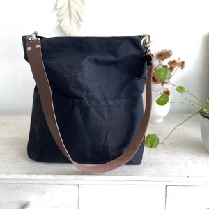 Women canvas casual Tote bag, Hobo shoulder bag, Canvas tote bag with leather strap, Water resistant Canvas bucket bag - Black
