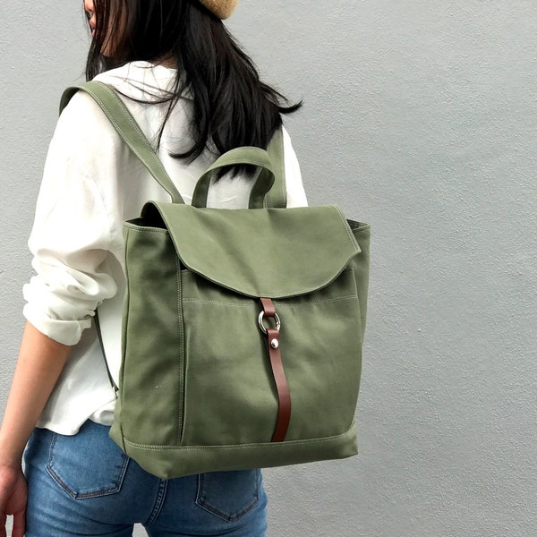 Laptop Canvas School Satchel Backpack, Minimalist Travel rucksack with zipper, Leather strap canvas diaper backpack/OLIVE GREEN-no.102 TANYA