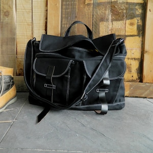 Messenger Canvas Leather Zipper School bag in Black , Travel Leather Strap Satchel, Overnight Bag, Unisex Cross body  -no.104 MACKENZIE