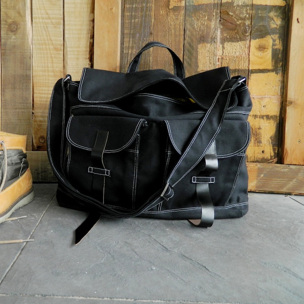 Messenger Canvas Leather Zipper School bag in Black ,  Travel Leather Strap Satchel, Overnight Bag, Unisex Cross body  -no.104 MACKENZIE