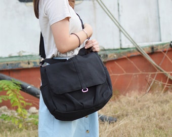 Black canvas zipper messenger bag, Water Resistant baby diaper bag,  Gift for her Vegan Crossbody Bag laptop bag for women- no.18 DANIEL