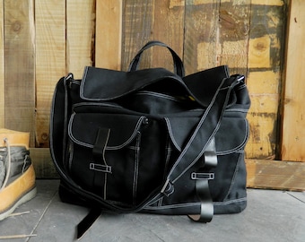 Messenger Canvas Leather Zipper School bag in Black ,  Travel Leather Strap Satchel, Overnight Bag, Unisex Cross body  -no.104 MACKENZIE