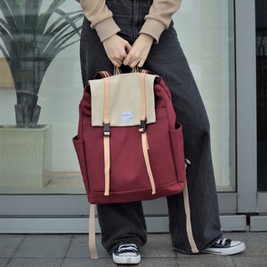 Women Travel CANVAS Backpack, Multiple Pockets Laptop Backpack, Water-Resistant Lining Travel Backpack CARTER 308 RoseRed/Cream image 1