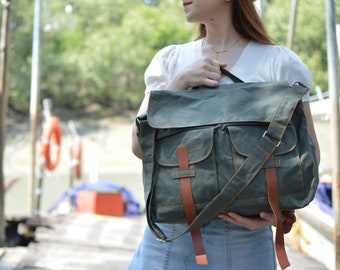 Olive Green Waxed Canvas Messengers bag , Leather Canvas Messenger bag, Laptop Crossbody Bag, Travel bags, Unisex gift - no.104 MACKENZIE
