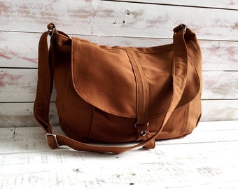 Brown Cognac canvas Messenger bag for women, Canvas travel Shoulder bag, Crossbody diaper bag, purse Gift for her, School Bag-no.12 KYLIE