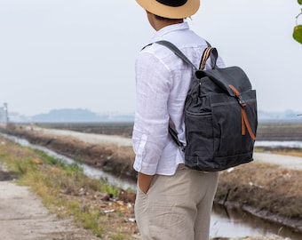 Waxed canvas Unisex school backpack, Diaper bag Backpack purse, Charcoal Gray Canvas backpack, Leather strap Backpack - no.108 Marken J