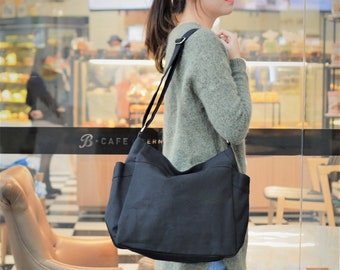 Black Canvas Messenger shoulder crossbody large bag for travel and college fit 13 inches laptop - 101 Renee