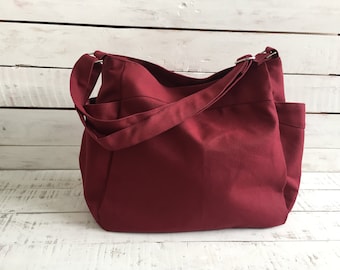 Women canvas messenger bag in rose red, Zipper shoulder cotton tote bag, large Water resistant Crossbody Travel bag - no.101 RENEE