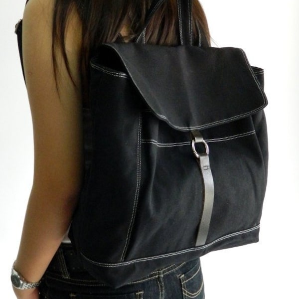 Women Canvas Laptop Backpack in BLACK , Diaper bsag Backpack with Zipper, Travel diaper backpack rucksack, Leather Backpack - no.102 -TANYA