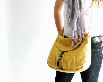 Yellow Canvas Messenger Bag , Leather strap Travel Diaper Bag , Light Weight Shoulder bag , Cross body Tote bag handbag,   - no.103 CLAIRE