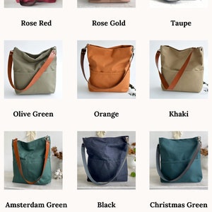 Women casual Tote bag , Hobo shoulder bag, Canvas tote bag with leather strap, Canvas bucket bag with pocket and zipper Christmas green image 10