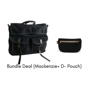 May include: Black canvas messenger bag with two front pockets and leather straps, paired with a small black pouch. The text "Bundle Deal (Mackenzie+ D- Pouch)" is displayed below the bags.