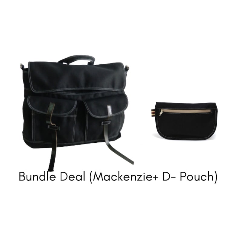 May include: Black canvas messenger bag with two front pockets and leather straps, paired with a small black pouch. The text "Bundle Deal (Mackenzie+ D- Pouch)" is displayed below the bags.