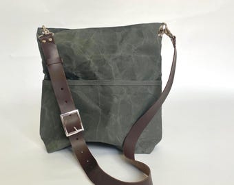 Messenger Hobo Tote Bag, bolso de cubo de lona con correa de cuero de bolsillo Messenger tote, correa de cuero de lona encerada Tote de lona