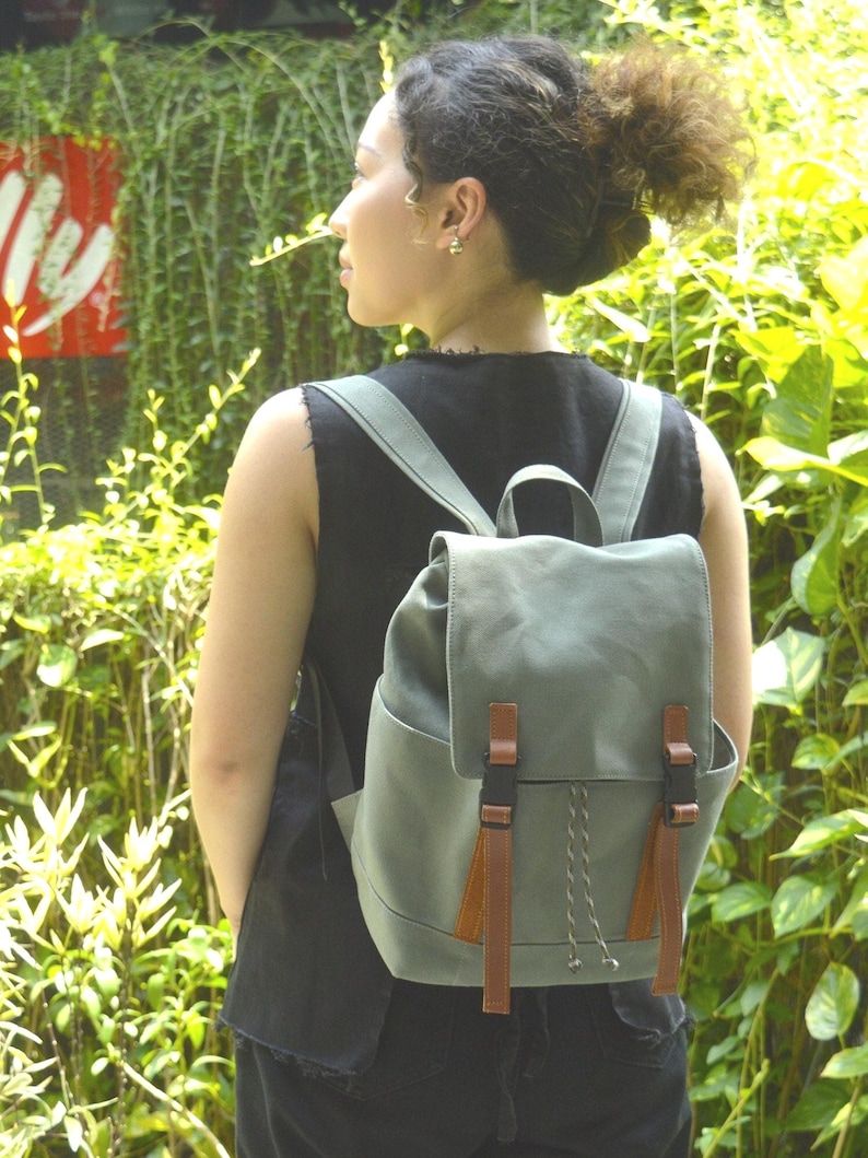 Morandi Backpack Small Travel Canvas Backpack: Water Resistant Leather Strap With Multi ...