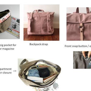 May include: A collection of images showcasing a canvas backpack. The bag is available in a dusty rose color and a brown color. Features include a front big pocket, backpack straps, a snap button closure, and a main compartment with a zipper. The bag is designed to carry items like an iPad or magazines.
