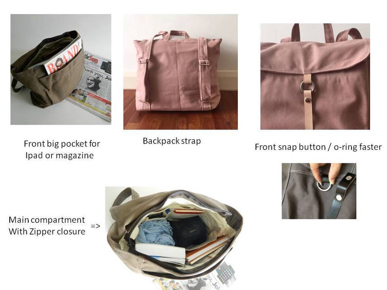 May include: A collection of images showcasing a canvas backpack. The bag is available in a dusty rose color and a brown color. Features include a front big pocket, backpack straps, a snap button closure, and a main compartment with a zipper. The bag is designed to carry items like an iPad or magazines.
