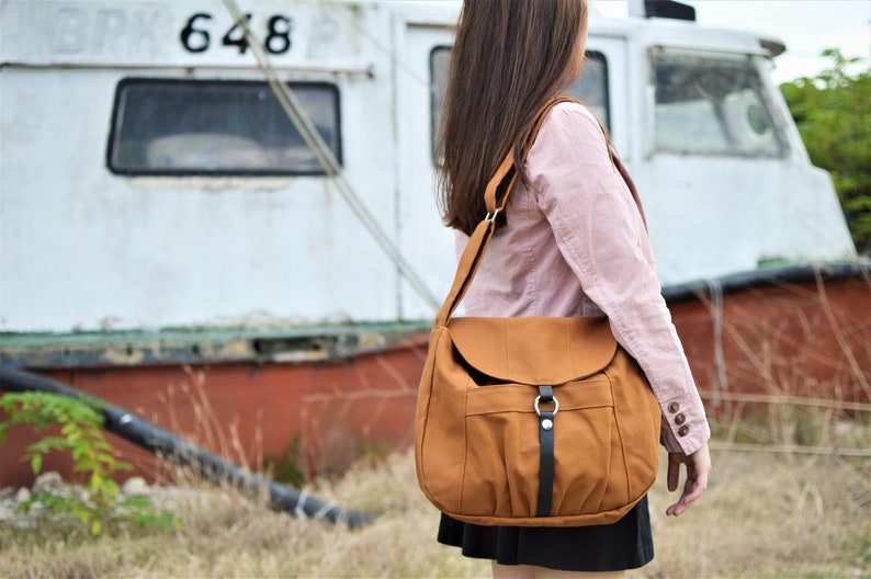 Canvas Zipper Crossbody Bag, Women Casual Messenger Bag , Water resistant Travel Shoulder Bag, Gift for her no.103 CLAIRE Honey Brown image 1