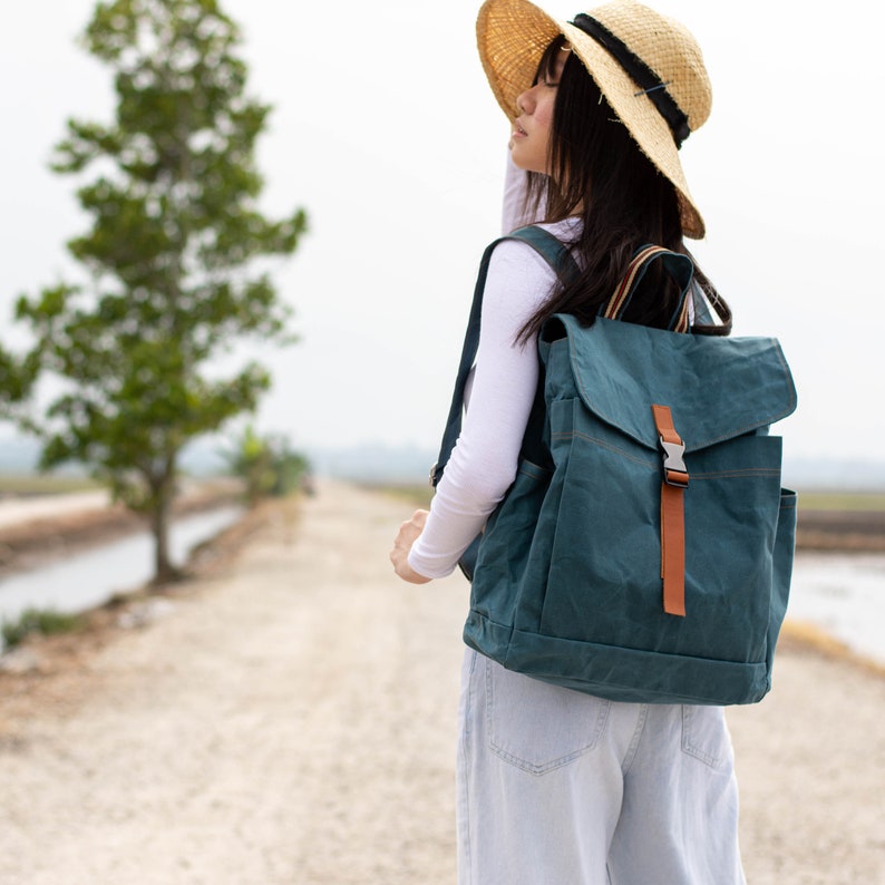 Waxed Canvas backpack for school , Diaper bag backpack purse , Teal travel backpack , Casual Unisex backpack for work no.108 Marken image 3