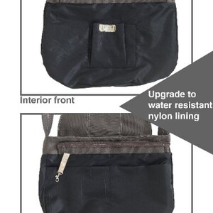 May include: Two views of a black and gray crossbody bag. The bag has a flap closure and a front pocket. The interior is lined with water-resistant nylon. The bag has a shoulder strap and a zipper closure.
