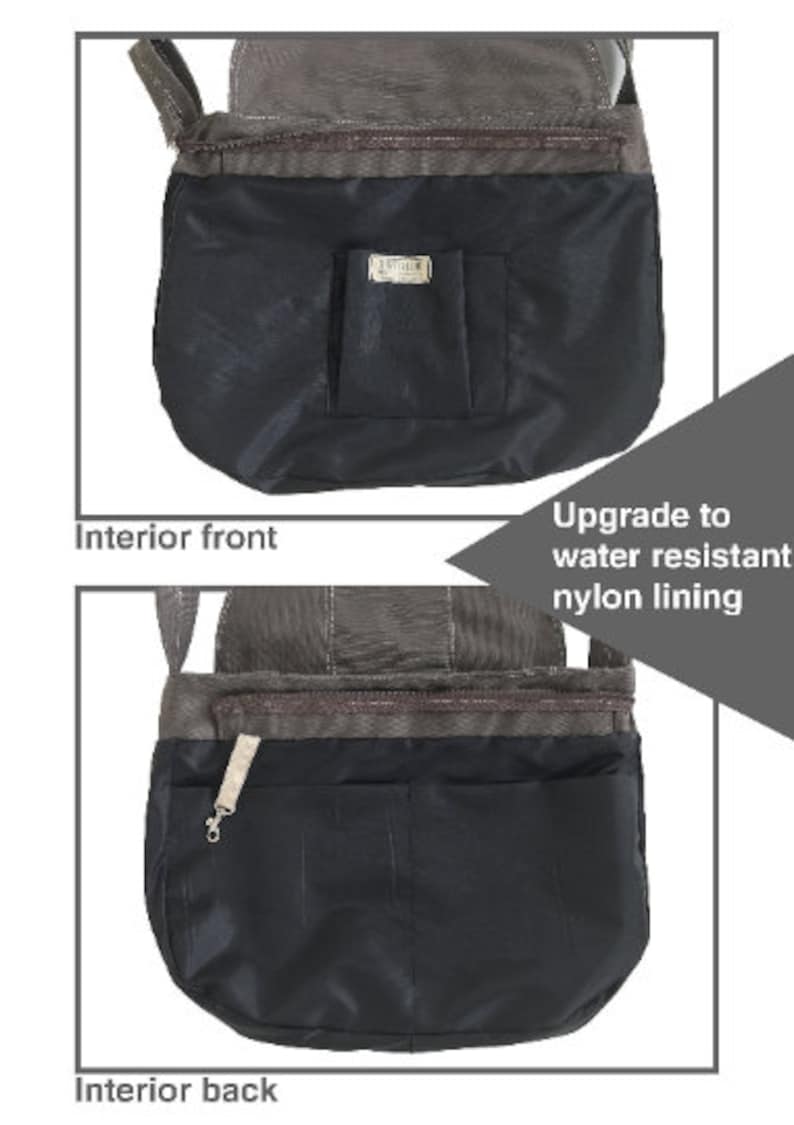 May include: Two views of a black and gray crossbody bag. The bag has a flap closure and a front pocket. The interior is lined with water-resistant nylon. The bag has a shoulder strap and a zipper closure.