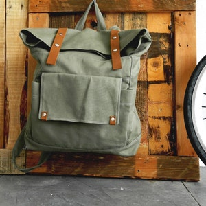 Olive Canvas Back to School Laptop Backpack , Leather Strap Diaper ...