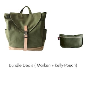 May include: Olive green backpack with a flap closure, side pockets, and a tan bottom. A matching olive green pouch with a zipper closure is also included. The text "Bundle Deals (Marken + Kelly Pouch)" is at the bottom.