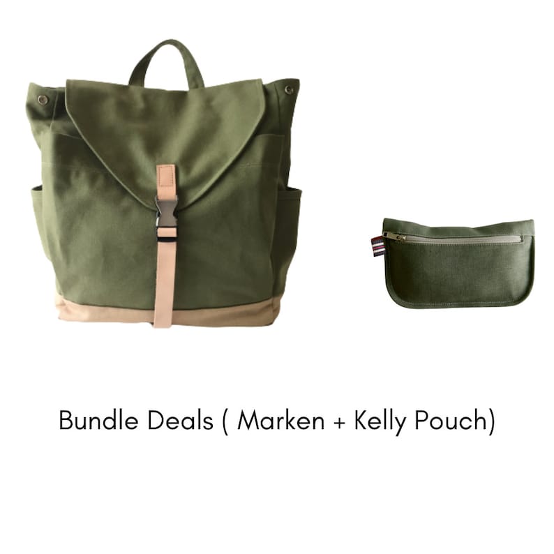 May include: Olive green backpack with a flap closure, side pockets, and a tan bottom. A matching olive green pouch with a zipper closure is also included. The text "Bundle Deals (Marken + Kelly Pouch)" is at the bottom.