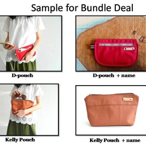 May include: A product bundle image featuring two types of pouches: the D-pouch and the Kelly Pouch. The D-pouch is shown in red, and the Kelly Pouch is shown in orange. Each pouch is shown with and without a name tag. The text "Sample for Bundle Deal" is at the top.