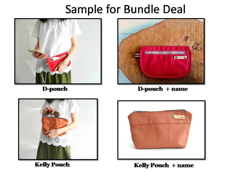 May include: A product bundle image featuring two types of pouches: the D-pouch and the Kelly Pouch. The D-pouch is shown in red, and the Kelly Pouch is shown in orange. Each pouch is shown with and without a name tag. The text "Sample for Bundle Deal" is at the top.
