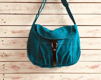 Women Messenger Bag with zipper, Crossbody  Hobo Diaper Bag, Travel Light Weight Shoulder bag , Gift For her - TEAL - no.103 CLAIRE