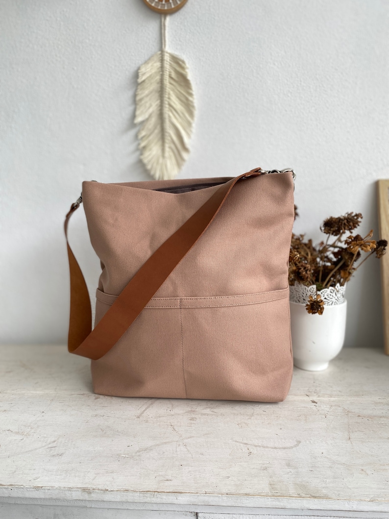 Women hobo shoulder bag, leather strap tote bag, Personalized Gift for her women Tote bag, Canvas bag with pocket and zipper Rose Gold image 2