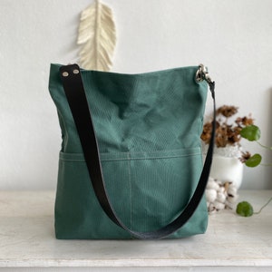 Water resistant Women casual Tote bag, Hobo shoulder bag, Messenger Canvas tote bag with leather strap, Canvas bucket bag Amsterdam green image 3