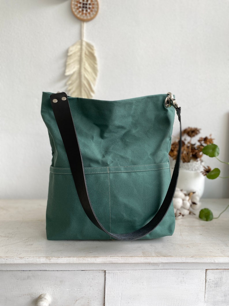 Water resistant Women casual Tote bag, Hobo shoulder bag, Messenger Canvas tote bag with leather strap, Canvas bucket bag Amsterdam green image 3