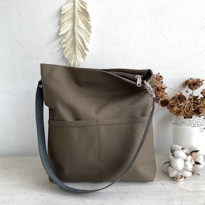 Casual hobo shoulder bag, leather strap Canvas tote bag, Gift for her women Tote bag, Canvas bucket bag with pocket and zipper Taupe Brown image 2