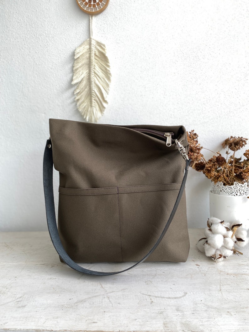 Casual hobo shoulder bag, leather strap Canvas tote bag, Gift for her women Tote bag, Canvas bucket bag with pocket and zipper Taupe Brown image 2