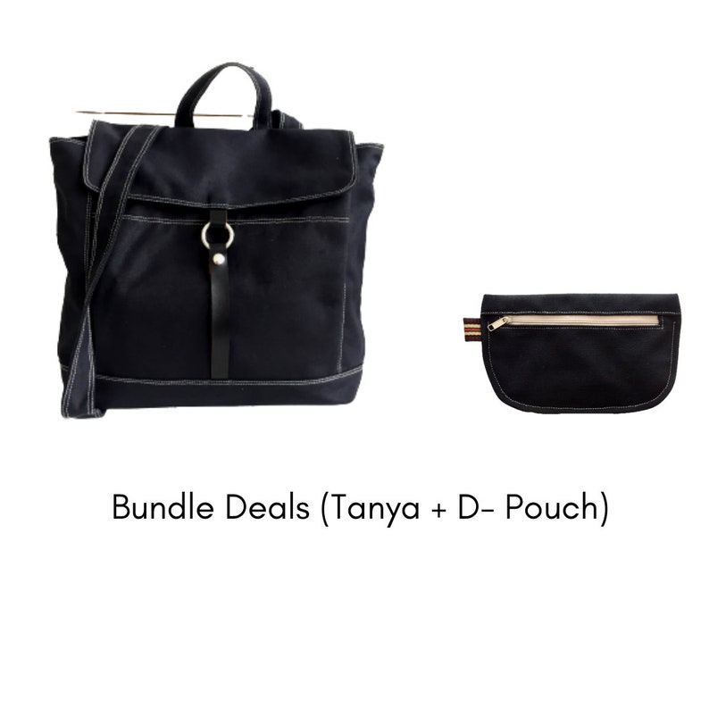 May include: A navy blue backpack with a flap closure, a top handle, and a shoulder strap, paired with a matching black pouch. Both items have white stitching and are made of a durable fabric.
