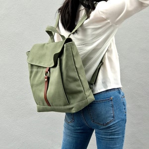 Laptop Canvas School Satchel Backpack, Minimalist Travel rucksack with zipper, Leather strap canvas diaper backpack/OLIVE GREEN-no.102 TANYA image 2