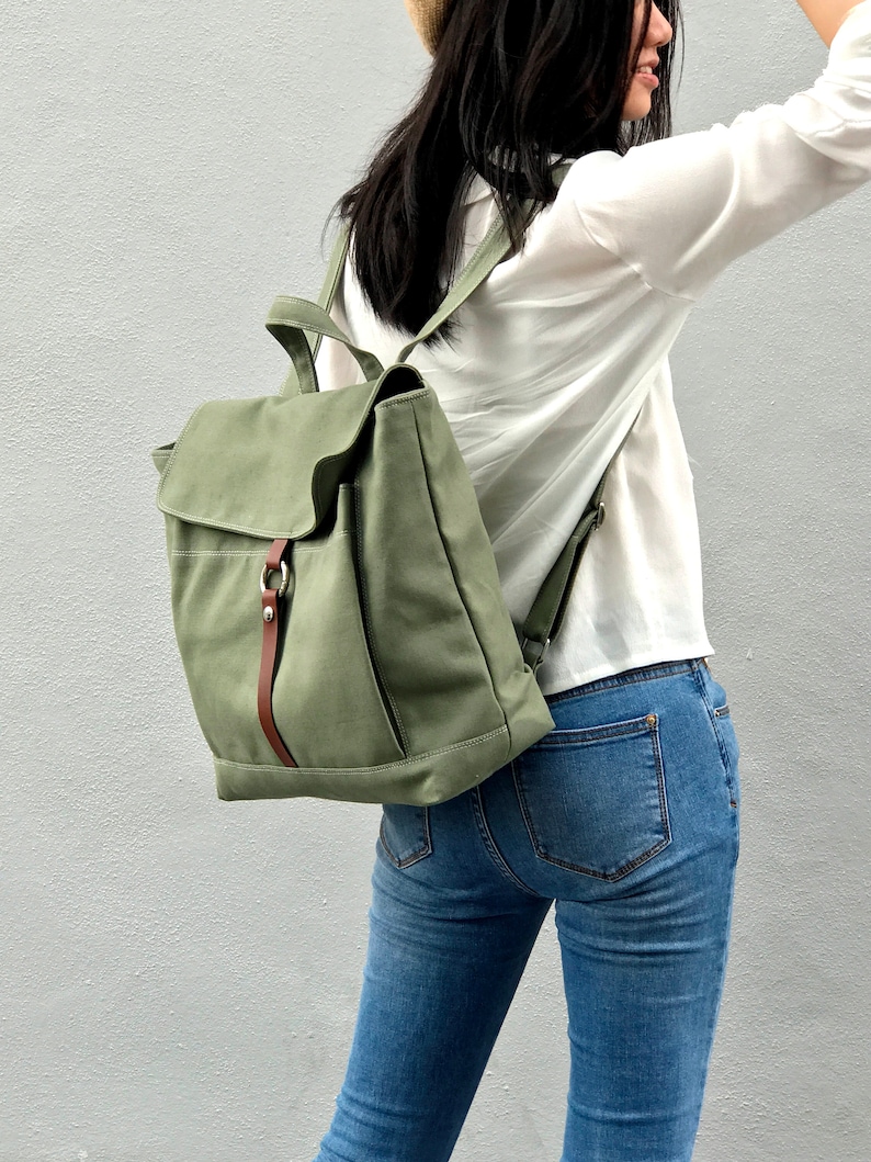 Laptop Canvas School Satchel Backpack, Minimalist Travel rucksack with zipper, Leather strap canvas diaper backpack/OLIVE GREEN-no.102 TANYA image 2