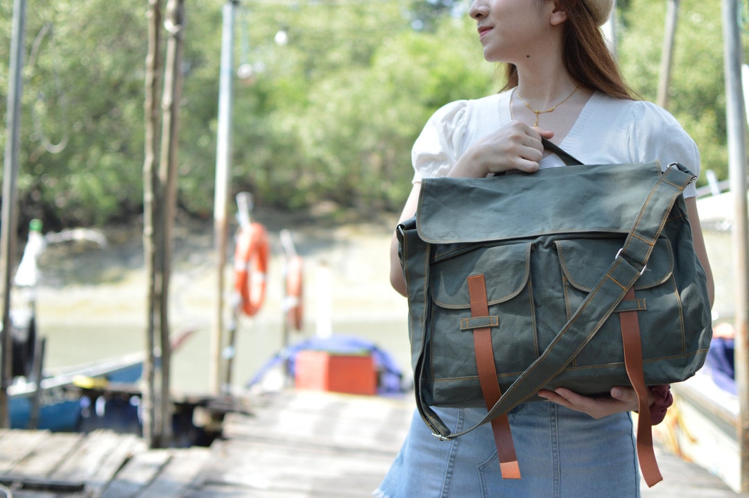 Olive Green Waxed Canvas Messengers Bag , Leather Canvas