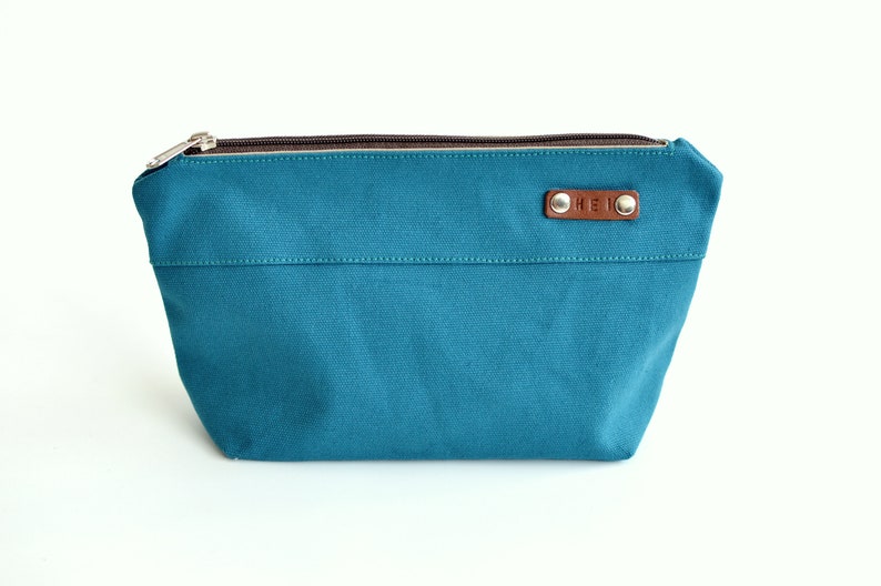 Personalize Zippered cosmetic Bridesmaids gift, Custom name initial Travel Makeup Bag, best friend gift Kelly pouch in set Teal