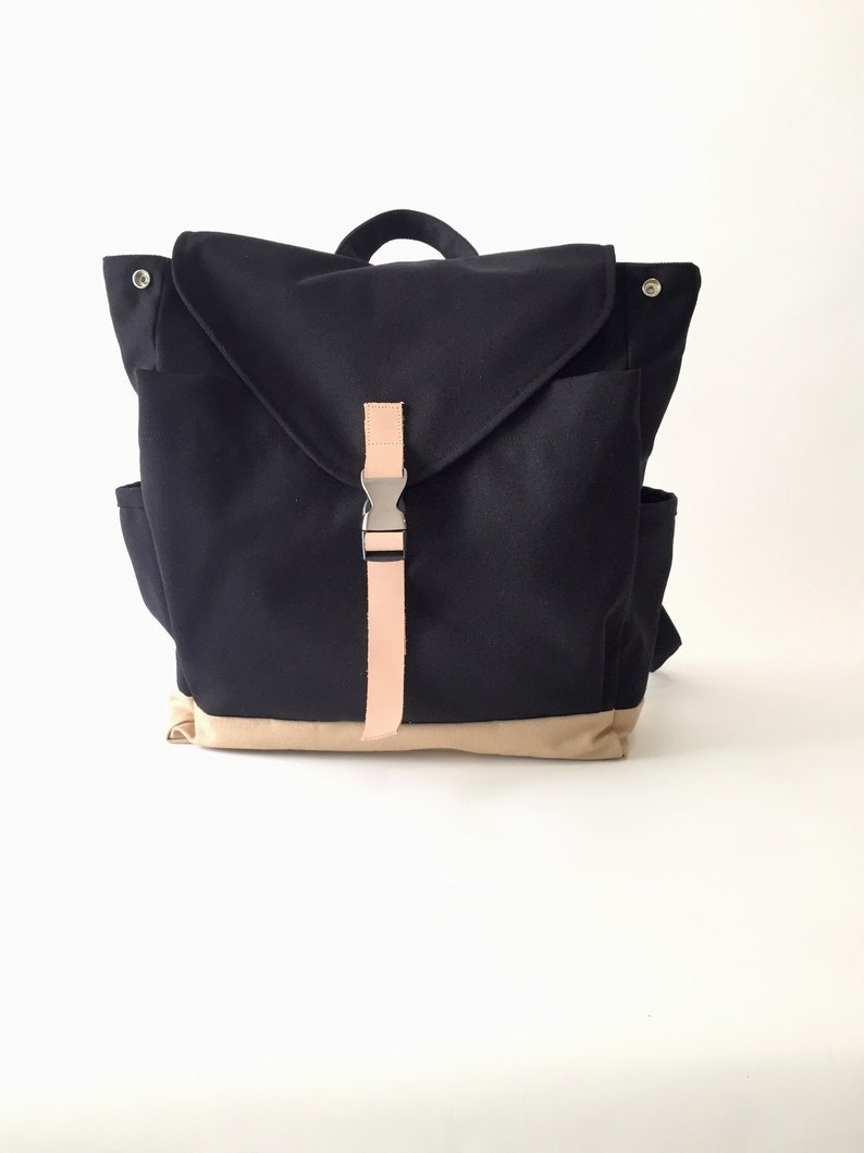BLACK Canvas Laptop Backpack, Zipper Diaper Bag Backpack, Unisex School backpack, Leather Backpack Women Travel backpack no.108 MARKEN bag only