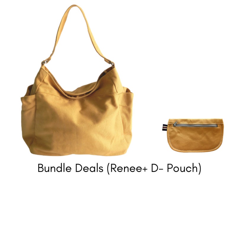 May include: A mustard yellow canvas tote bag with a single shoulder strap and a matching mustard yellow zippered pouch. Bundle Deals (Renee+ D- Pouch)