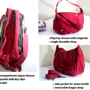 May include: A red canvas shoulder bag with multiple pockets and a flap top closure. Features include a main compartment with zipper closure, front pocket with key clips, back pocket, and a side pocket for a water bottle. Includes a removable longer strap.
