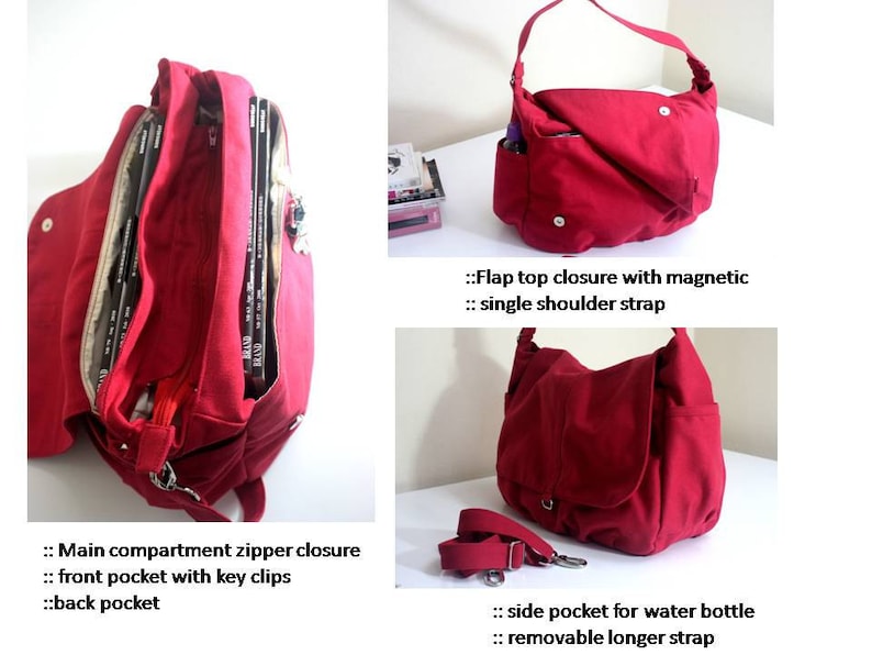 May include: A red canvas shoulder bag with multiple pockets and a flap top closure. Features include a main compartment with zipper closure, front pocket with key clips, back pocket, and a side pocket for a water bottle. Includes a removable longer strap.