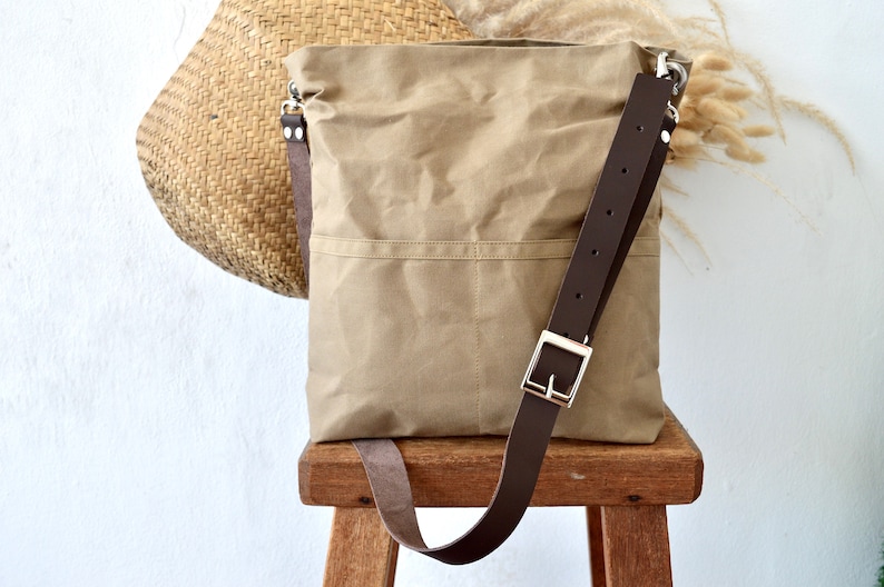 Messenger Hobo Tote Bag, Canvas Bucket Bag with Pocket Leather strap Messenger tote , Waxed Canvas Leather strap Canvas Tote, Gift for Her Khaki (D.Brown)